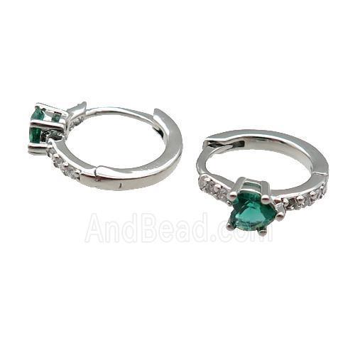 copper Hoop Earring pave zircon green heart platinum plated