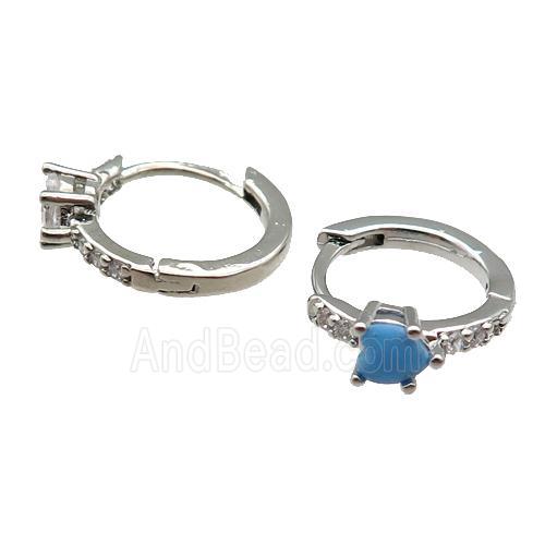 copper Hoop Earring pave zircon turq heart platinum plated