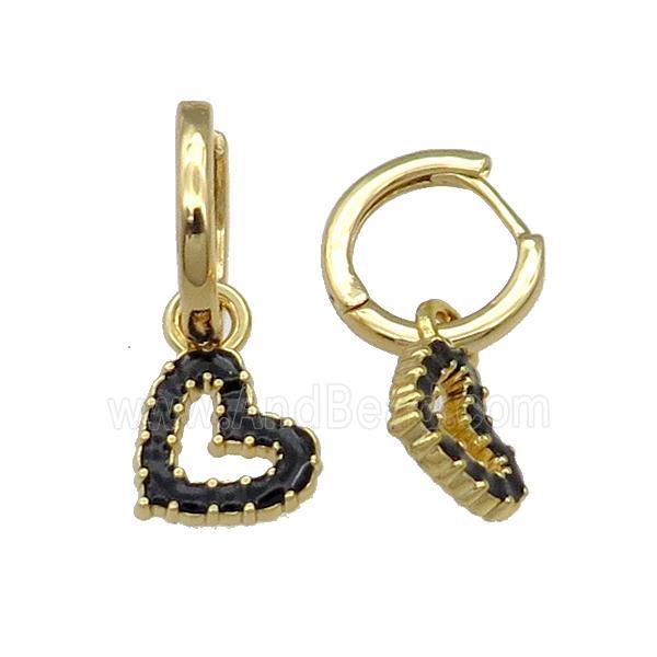 copper Hoop Earring black enamel heart gold plated