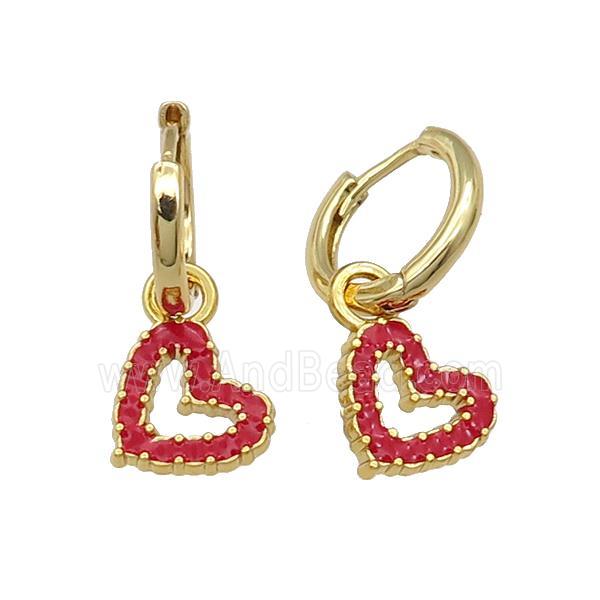 copper Hoop Earring red enamel heart gold plated