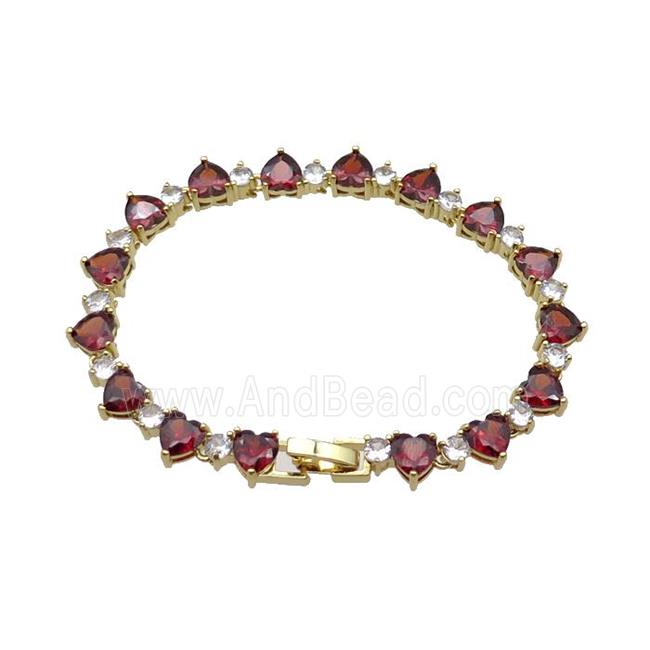 copper Bracelet pave red zircon, gold plated