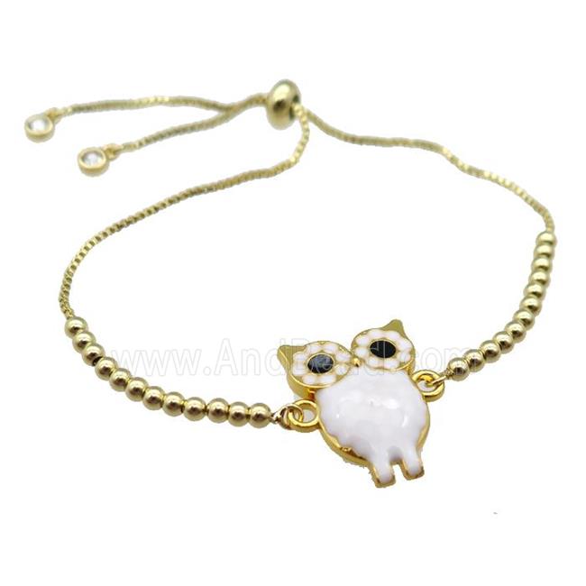 copper Bracelet with owl white enamel gold plated
