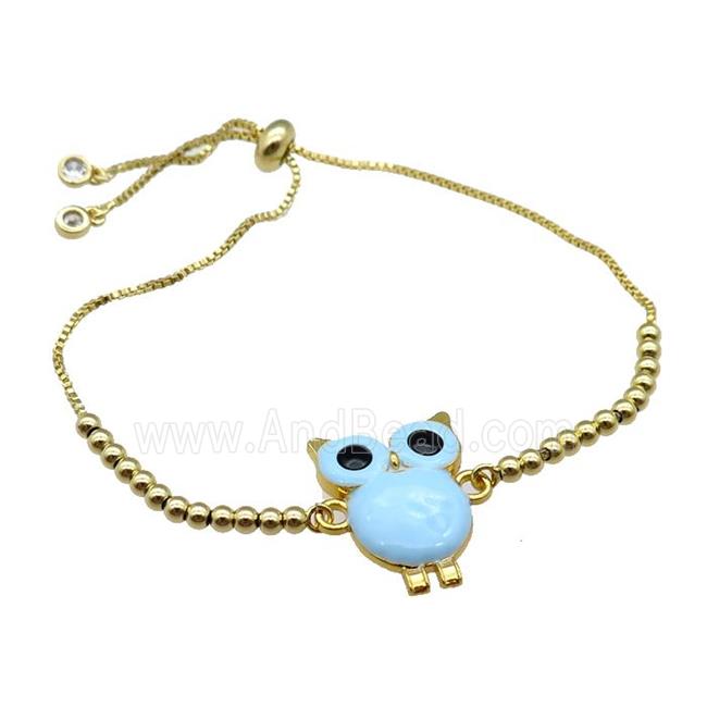 copper Bracelet with owl aqua enamel gold plated