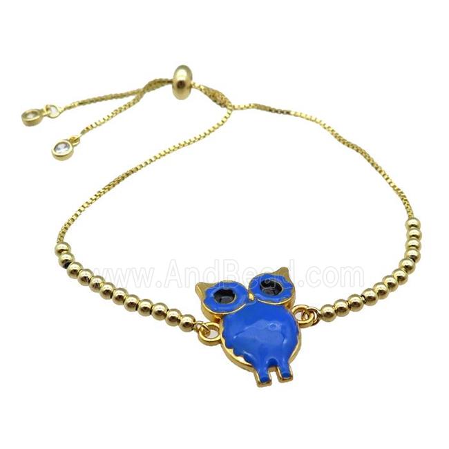 copper Bracelet with owl blue enamel gold plated