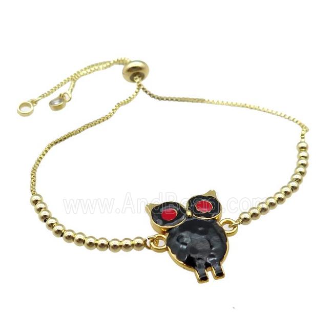 copper Bracelet with owl black enamel gold plated