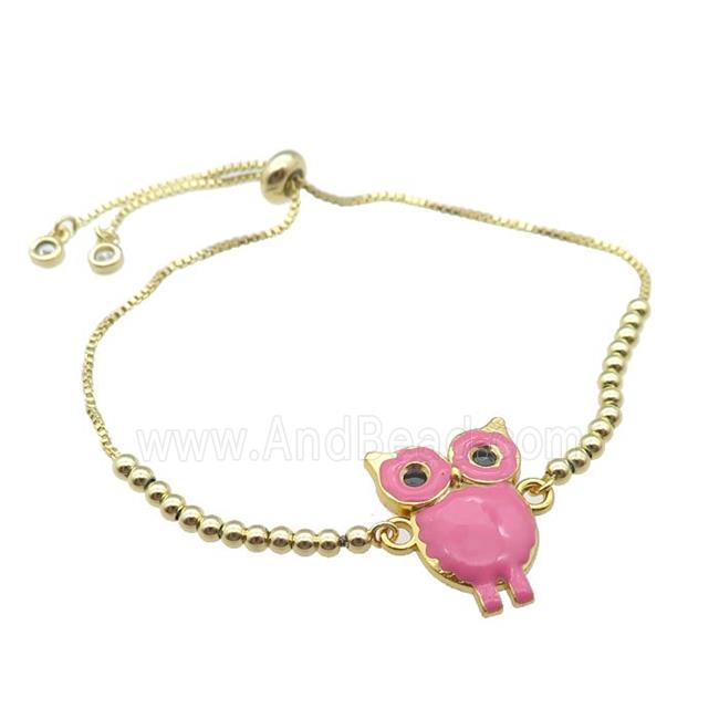 copper Bracelet with owl pink enamel gold plated