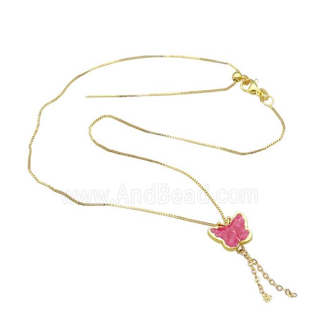 copper Necklace with butterfly pink enamel gold plated