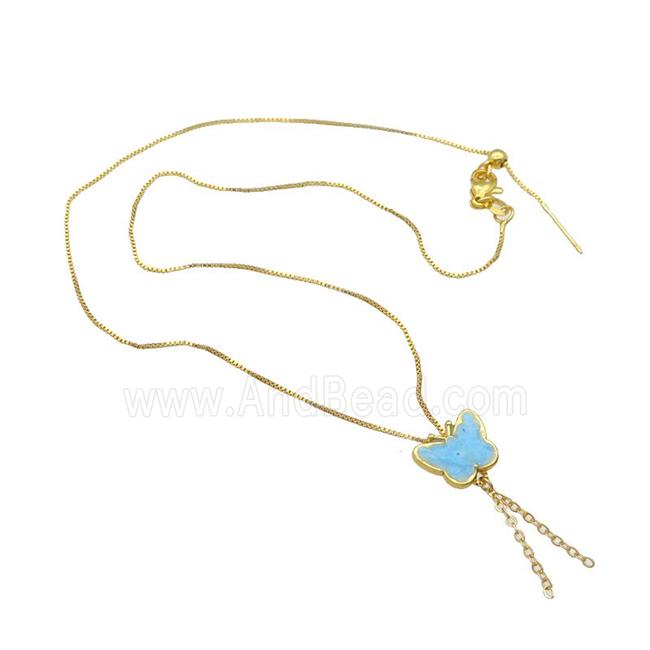 copper Necklace with butterfly aqua enamel gold plated