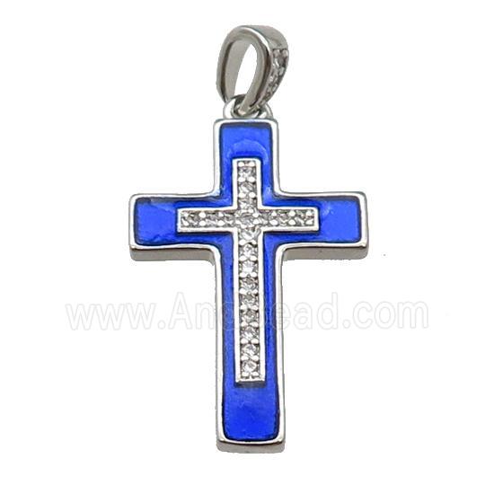 copper Cross pendant pave zircon blue enamel platinum plated