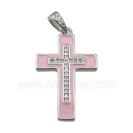copper Cross pendant pave zircon pink enamel platinum plated