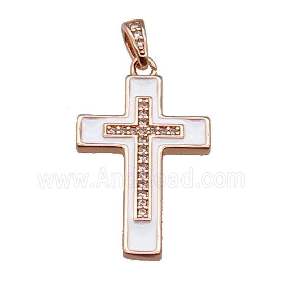 copper Cross pendant pave zircon white enamel rose gold
