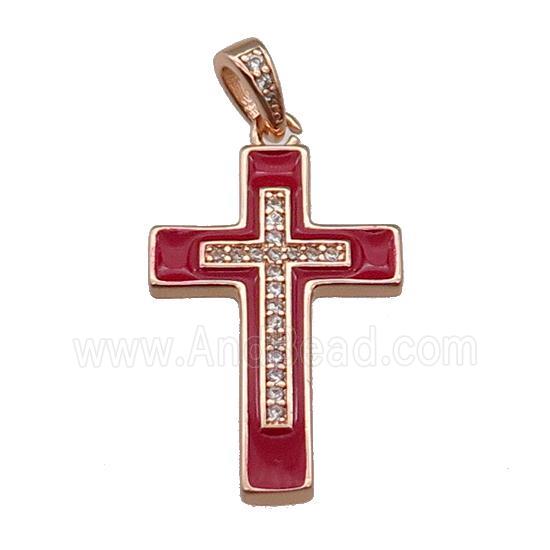 copper Cross pendant pave zircon red enamel rose gold