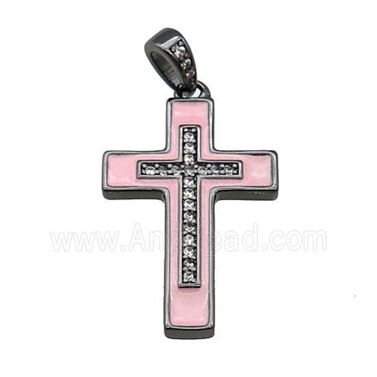 copper Cross pendant pave zircon pink enamel black plated