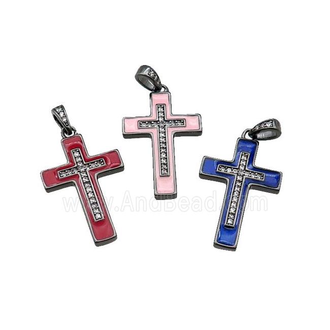 mix copper Cross pendant pave zircon enamel black plated