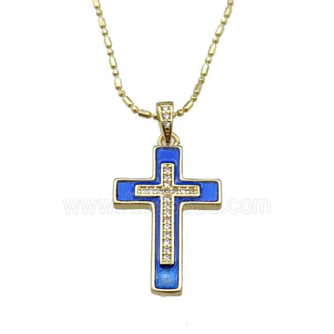 copper Necklace with cross blue enamel, gold plated