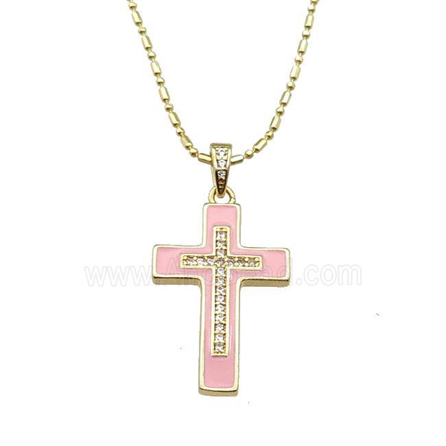 copper Necklace with cross pink enamel, gold plated