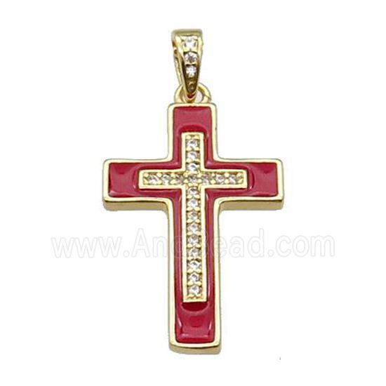 copper Cross pendant pave zircon red enamel gold plated