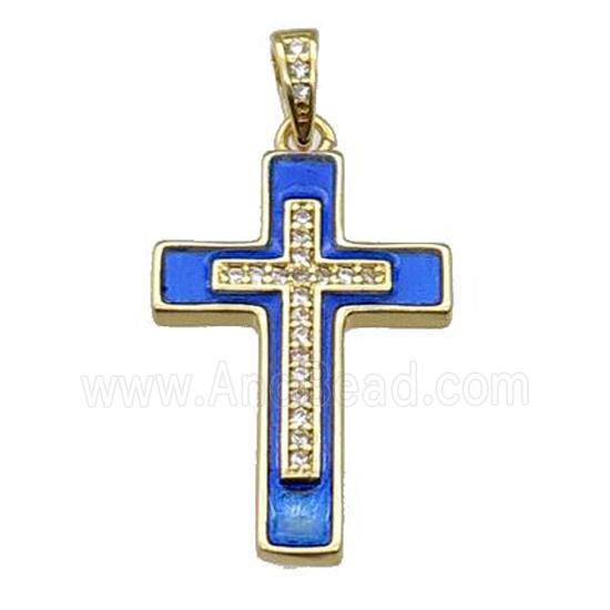 copper Cross pendant pave zircon blue enamel gold plated