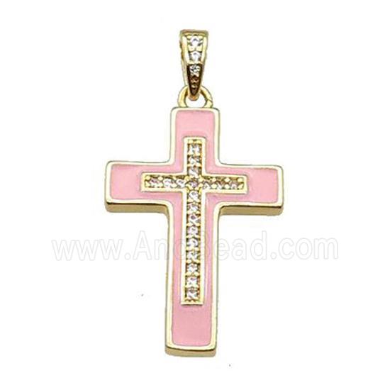 copper Cross pendant pave zircon pink enamel gold plated