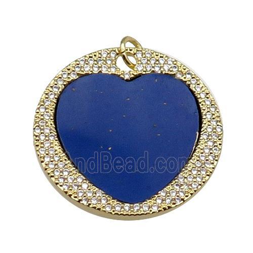 copper circle pendant pave zircon blue heart lapis gold plated