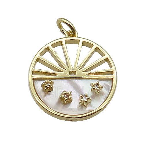 copper circle pendant pave zircon white shell sun gold plated