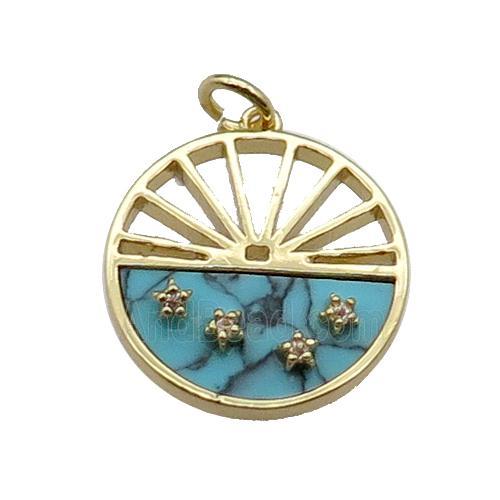 copper circle pendant pave zircon blue turquoise sun gold plated