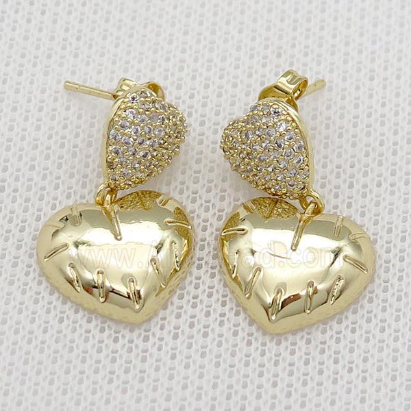 copper Stud Earring pave zircon heart gold plated
