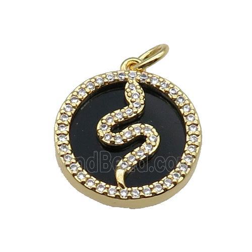 copper circle snake pendant pave zircon black stone gold plated