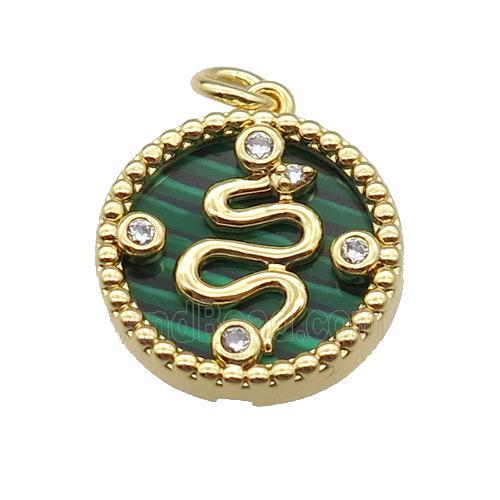 copper circle snake pendant pave zircon malachite gold plated