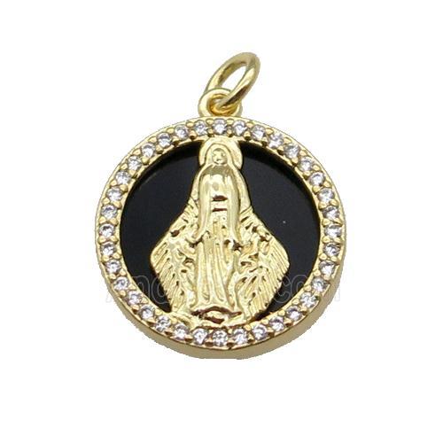copper circle pendant pave zircon black stone Virgin Mary gold plated