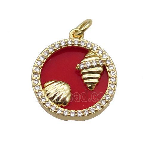 copper circle pendant pave zircon red stone Ocean gold plated