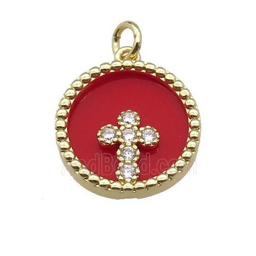 copper circle pendant pave zircon red stone Cross gold plated