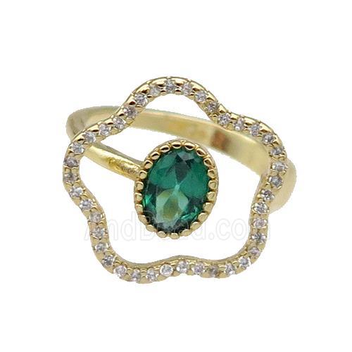 copper Ring pave zircon green Flower gold plated