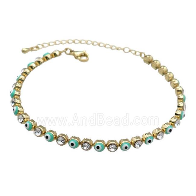 Copper Green Enamel Evil Eye Bracelet Pave Zircon Gold Plated