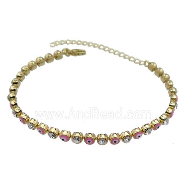 Copper Pink Enamel Evil Eye Bracelet Pave Zircon Gold Plated