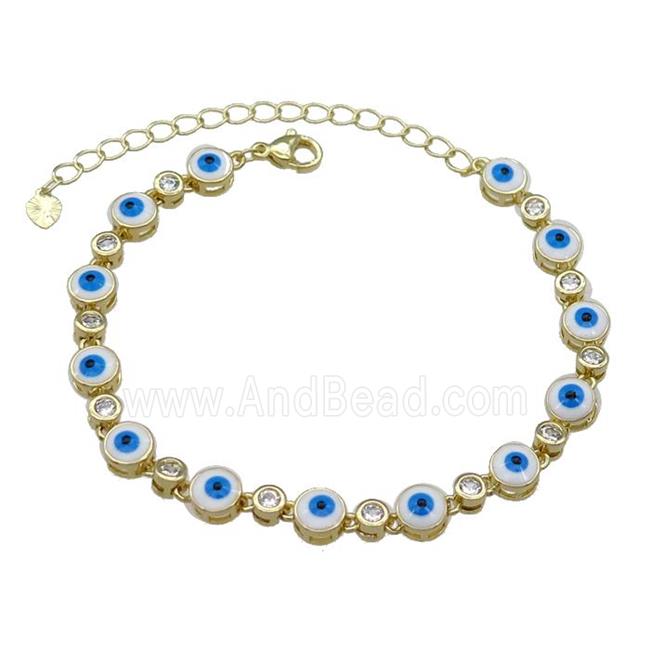 Copper White Enamel Evil Eye Bracelet Pave Zircon Gold Plated