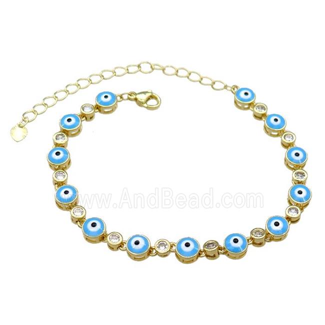 Copper Blue Enamel Evil Eye Bracelet Pave Zircon Gold Plated