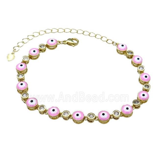 Copper Pink Enamel Evil Eye Bracelet Pave Zircon Gold Plated