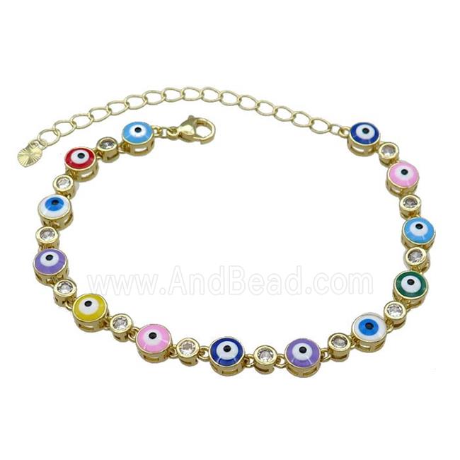 Copper Multicolor Enamel Evil Eye Bracelet Pave Zircon Gold Plated