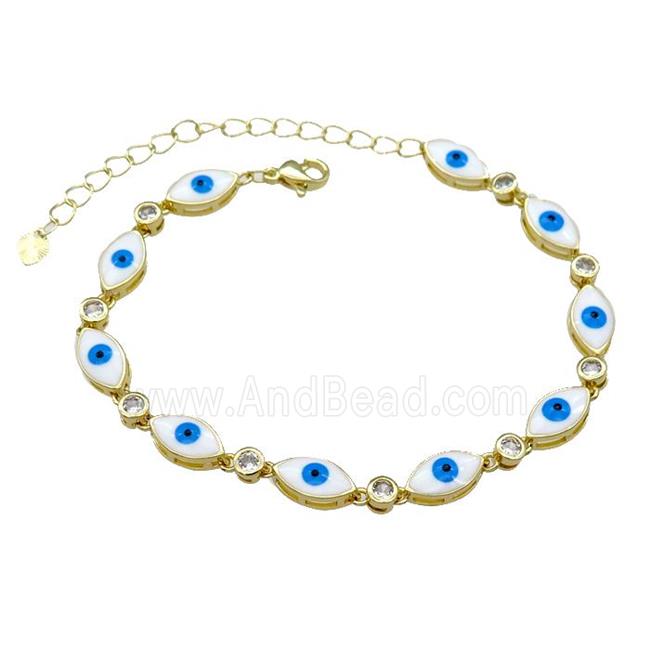 Copper White Enamel Evil Eye Bracelet Pave Zircon Gold Plated
