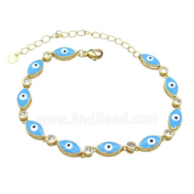 Copper Blue Enamel Evil Eye Bracelet Pave Zircon Gold Plated