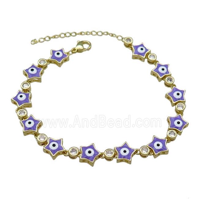 Copper Star Lavender Enamel Evil Eye Bracelet Pave Zircon Gold Plated