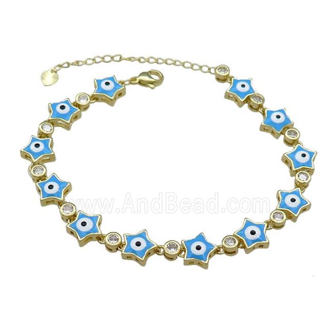Copper Star Blue Enamel Evil Eye Bracelet Pave Zircon Gold Plated