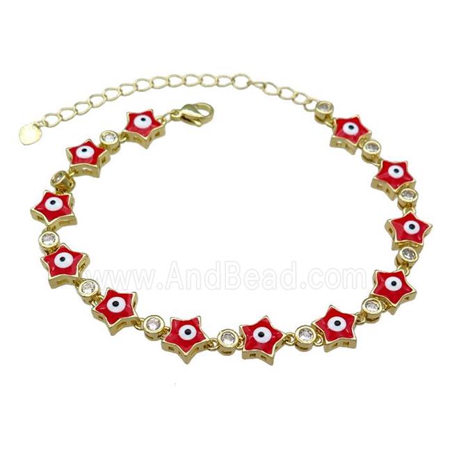 Copper Star Red Enamel Evil Eye Bracelet Pave Zircon Gold Plated