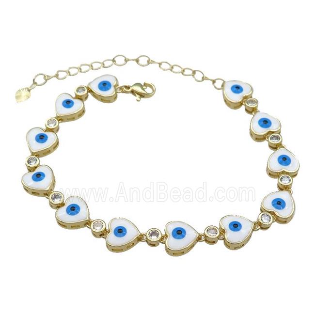 Copper Heart White Enamel Evil Eye Bracelet Pave Zircon Gold Plated