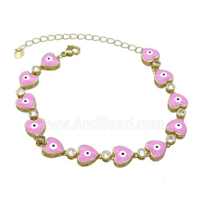 Copper Heart Pink Enamel Evil Eye Bracelet Pave Zircon Gold Plated