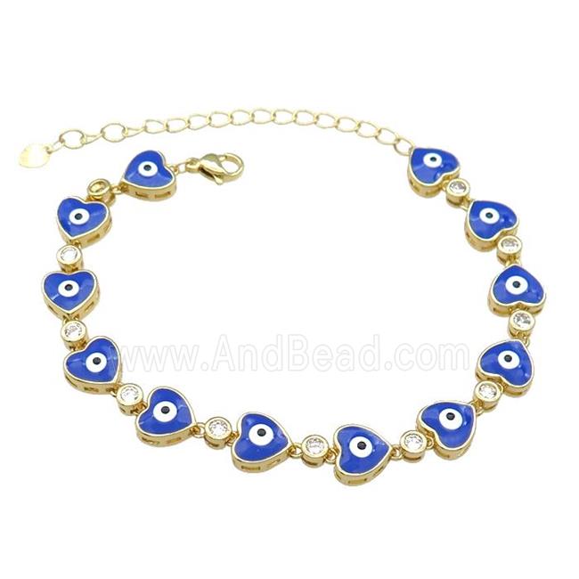 Copper Heart Blue Enamel Evil Eye Bracelet Pave Zircon Gold Plated