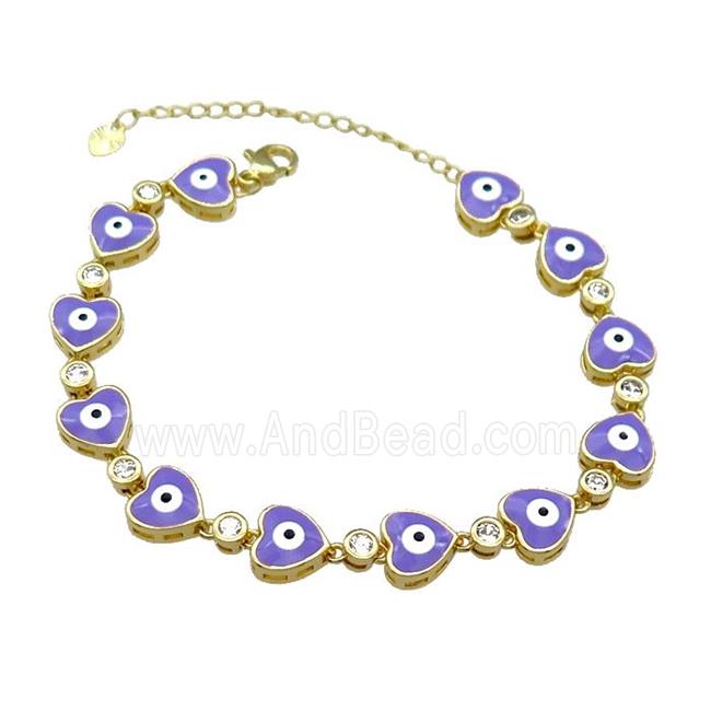 Copper Heart Lavender Enamel Evil Eye Bracelet Pave Zircon Gold Plated