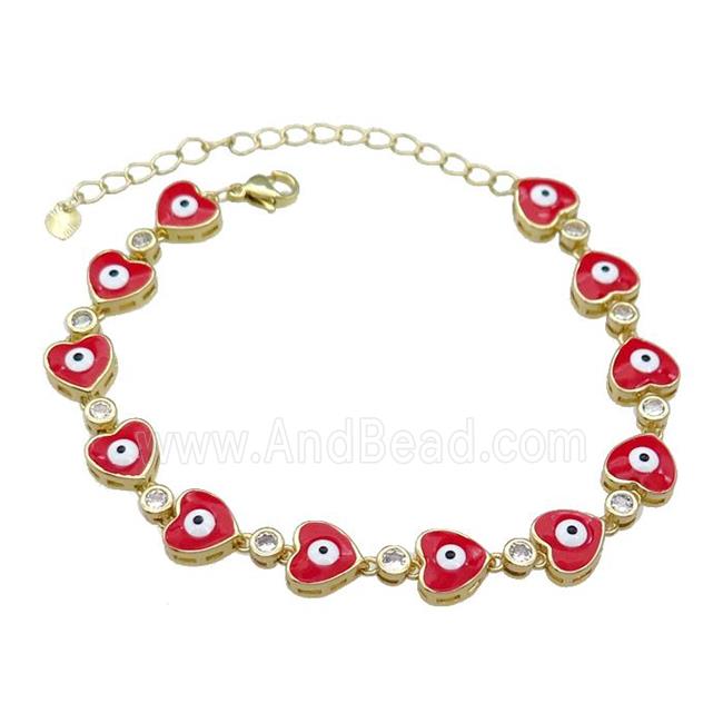 Copper Heart Red Enamel Evil Eye Bracelet Pave Zircon Gold Plated