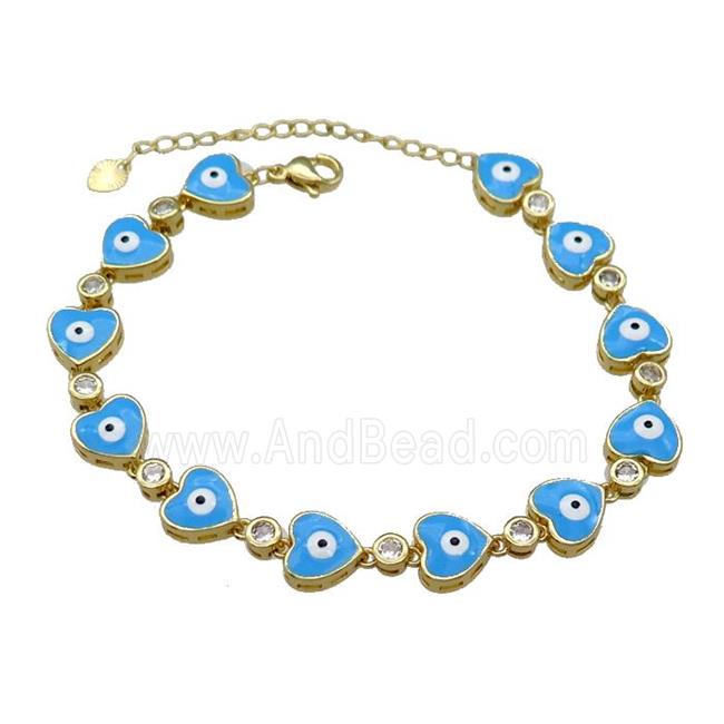 Copper Heart Blue Enamel Evil Eye Bracelet Pave Zircon Gold Plated